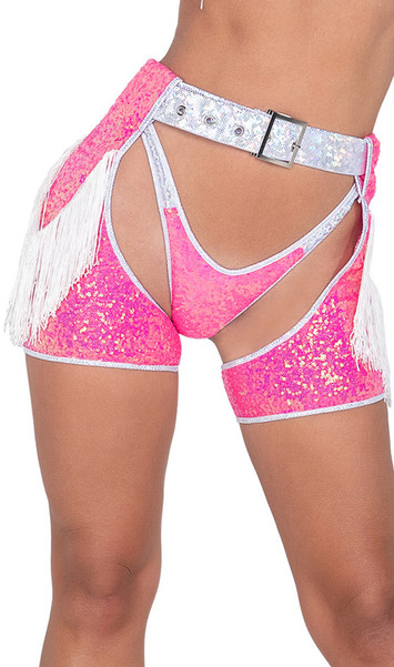 Sequin high waist chap shorts with side fringe accents, adjustable buckle closure, grommet detail and contrast metallic trim.