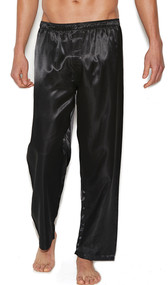 Charmeuse satin unisex pants with button closure and elastic waistband. No pockets.