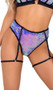 Sequin bikini style high waist shorts with contrast iridescent trim and attached garters with O ring accents.