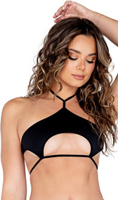 Sleeveless crop top with sexy keyhole underboob cut out, halter neck and double tie back closures.