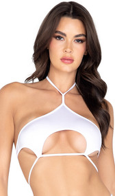 Sleeveless crop top with sexy keyhole underboob cut out, halter neck and double tie back closures.