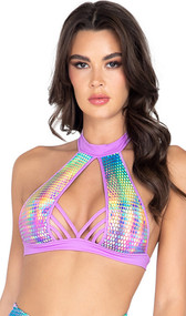 Iridescent sleeveless crop top with strappy detail over large keyhole front, collar halter style neck and swan hook back closure.