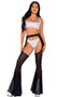 Sheer mesh bell bottom chaps with high waist and flared legs. Pull on style.