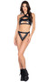 Faux leather crop top features spiked studded detail, keyhole and underboob cut outs, and halter style neck. Matching bikini style bottoms with sexy front cut out and front zipper accent also included. Two piece set.