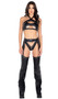 Faux leather crop top features spiked studded detail, keyhole and underboob cut outs, and halter style neck. Matching bikini style bottoms with sexy front cut out and front zipper accent also included. Two piece set.
