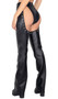 Studded faux leather chaps with spiked stud detail and parachute buckle closure.