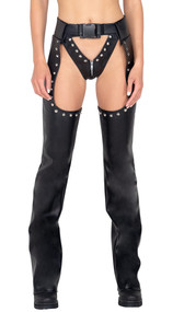 Studded faux leather chaps with spiked stud detail and parachute buckle closure.
