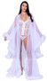 Sheer soft tulle full length robe with marabou trim, long kimono sleeves and satin sash.