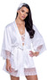 Forever Yours charmeuse satin robe features sheer tulle trim embroidered with lace heart design, three quarter length kimono sleeves, satin sash and short length.