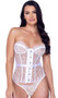 Eyelash lace strapless bustier features underwire balconette cups, scalloped trim, steel busk front opening, and hook and eye back closure. Matching thong also included. Two piece set.