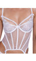 Forever Yours sheer illusion tulle bustier features embroidered lace heart and swiss dot detail, underwire demi cups with strappy accents, mini satin bows, adjustable garter straps, adjustable shoulder straps, and hook and eye back closure.  Matching thong panty with heart ring back and cotton gusset also included. Three piece set.