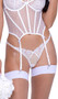Forever Yours sheer illusion tulle bustier features embroidered lace heart and swiss dot detail, underwire demi cups with strappy accents, mini satin bows, adjustable garter straps, adjustable shoulder straps, and hook and eye back closure.  Matching thong panty with heart ring back and cotton gusset also included. Three piece set.