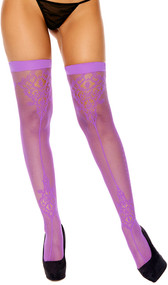 Fishnet thigh high stockings feature a delicate lace pattern with faux seam on front and back sides with solid band.