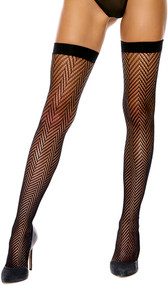 Crochet net thigh high stockings feature a zig zag pattern with solid band.