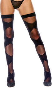 Sheer and opaque thigh high stockings feature a bondage style faux leg wrap striped design with solid band.