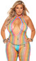 Rainbow striped sleeveless crochet net footless bodystocking with high collar halter style neck, large keyhole front, hot pink trim and open crotch.
