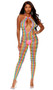Rainbow striped sleeveless crochet net footless bodystocking with high collar halter style neck, large keyhole front, hot pink trim and open crotch.