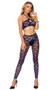 Crochet net bandeau style cami crop top with halter straps and front keyhole. Matching leggings with elastic waist also included. Two piece set.