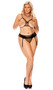 Fishnet pullover bra features open cups with strappy accents, adjustable shoulder straps and cage style back. Matching pull on garter belt with adjustable garters and strappy G-string panty also included. Three piece set.
