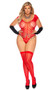 Crochet net teddy features chevron striped design, plunging V neckline, short cap sleeves, high cut on the leg and cheeky thong back. Matching thigh high stockings also included. Two piece set.