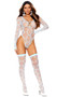 Sheer hexagon pattern teddy features strappy detail over a plunging neckline, long sleeves, high cut on the leg and cheeky cut back. Matching thigh high stockings also included. Two piece set.