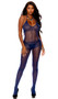 Sleeveless sheer bodystocking features rose flower burnout design, v neckline and halter neck with tie straps. Closed crotch.