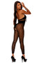 Sleeveless crochet footless bodystocking features opaque faux teddy design, deep v neckline, netted underbust, halter neck, striped legs, and open crotch.