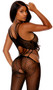 Sleeveless crochet footless bodystocking features open midsection with strappy design, multi shoulder straps, mid length legs and open crotch.