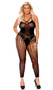 Sleeveless crochet footless bodystocking features faux teddy with stockings design, vertical striped legs, strappy detail over deep V neckline, criss cross shoulder straps, and open crotch.
