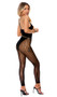 Sleeveless crochet footless bodystocking features faux teddy with stockings design, vertical striped legs, strappy detail over deep V neckline, criss cross shoulder straps, and open crotch.