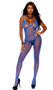 Sleeveless crochet net bodystocking features floral and vertical striped design, deep V neckline, criss cross shoulder straps, and open crotch.
