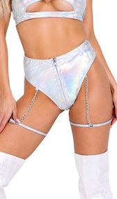High waisted vinyl shorts with attached chain garters, O ring accents and front zipper closure.