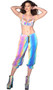Iridescent reflective jogging pant features elastic waist and ankles with drawstring closure. Fabric reflects different colors in the light as shown in the multicolor photos, it appears more blue when not reflected as shown in the other photos. Fabric is a lightweight windbreaker type of Nylon. Unisex.