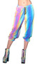 Iridescent reflective jogging pant features elastic waist and ankles with drawstring closure. Fabric reflects different colors in the light as shown in the multicolor photos, it appears more blue when not reflected as shown in the other photos. Fabric is a lightweight windbreaker type of Nylon. Unisex.