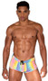Iridescent reflective runner style shorts feature side leg split and drawstring closure. Fabric reflects different colors in the light as shown in the multicolor photos, it appears more blue when not reflected as shown in the other photos. Fabric is a lightweight windbreaker type of Nylon.