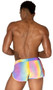 Iridescent reflective runner style shorts feature side leg split and drawstring closure. Fabric reflects different colors in the light as shown in the multicolor photos, it appears more blue when not reflected as shown in the other photos. Fabric is a lightweight windbreaker type of Nylon.