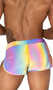 Iridescent reflective runner style shorts feature side leg split and drawstring closure. Fabric reflects different colors in the light as shown in the multicolor photos, it appears more blue when not reflected as shown in the other photos. Fabric is a lightweight windbreaker type of Nylon.