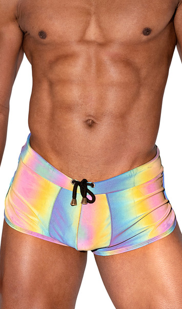 Iridescent reflective runner style shorts feature side leg split and drawstring closure. Fabric reflects different colors in the light as shown in the multicolor photos, it appears more blue when not reflected as shown in the other photos. Fabric is a lightweight windbreaker type of Nylon.