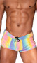 Iridescent reflective runner style shorts feature side leg split and drawstring closure. Fabric reflects different colors in the light as shown in the multicolor photos, it appears more blue when not reflected as shown in the other photos. Fabric is a lightweight windbreaker type of Nylon.