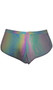 Iridescent reflective runner style shorts feature side leg split and drawstring closure. Fabric reflects different colors in the light as shown in the multicolor photos, it appears more blue when not reflected as shown in the other photos. Fabric is a lightweight windbreaker type of Nylon.