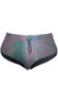 Iridescent reflective runner style shorts feature side leg split and drawstring closure. Fabric reflects different colors in the light as shown in the multicolor photos, it appears more blue when not reflected as shown in the other photos. Fabric is a lightweight windbreaker type of Nylon.