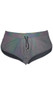 Iridescent reflective runner style shorts feature side leg split and drawstring closure. Fabric reflects different colors in the light as shown in the multicolor photos, it appears more blue when not reflected as shown in the other photos. Fabric is a lightweight windbreaker type of Nylon.