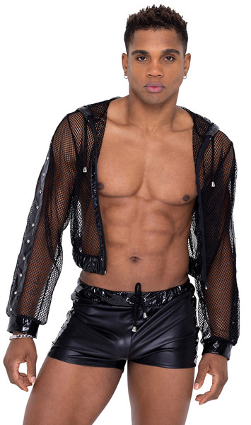 Sheer fishnet cropped hoodie features shiny vinyl trim, spiked stud detail on long sleeves, drawstring on hood, elastic waist and front zipper closure. Unisex. 