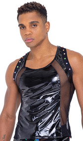 Men's Pride vinyl mesh tank top features sheer fishnet panels and back, elastic trim with rainbow stud detail, and racerback strap.