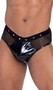 Men's pride briefs feature main panel with shiny vinyl mesh, sheer fishnet sides and back, vinyl trim, and studded elastic waistband with front rainbow spikes.