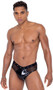 Men's pride briefs feature main panel with shiny vinyl mesh, sheer fishnet sides and back, vinyl trim, and studded elastic waistband with front rainbow spikes.