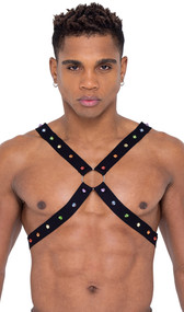 Men's pride elastic harness with rainbow studs and large O ring detail. Pull on style.