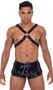 Men's pride elastic harness with rainbow studs and large O ring detail. Pull on style.