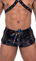 Studded vinyl mesh runner shorts feature rainbow spiked stud accents, sheer fishnet side panels, side leg splits, and rainbow LOVE print drawstring closure.