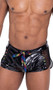 Studded vinyl mesh runner shorts feature rainbow spiked stud accents, sheer fishnet side panels, side leg splits, and rainbow LOVE print drawstring closure.